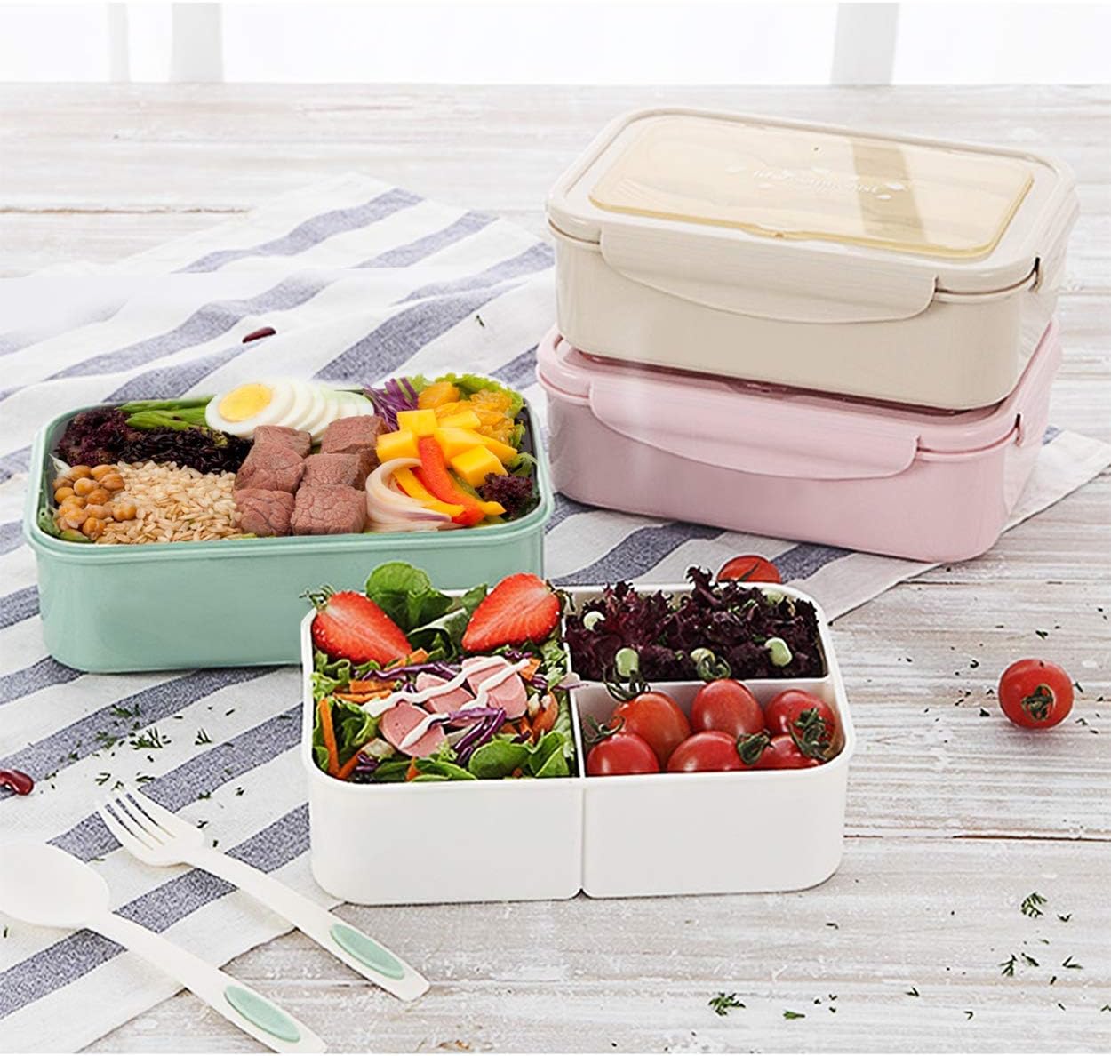 Fiambrera, caja bento a prueba de fugas para niños adultos, recipiente para alimentos con 3 compartimentos y juego de cubiertos