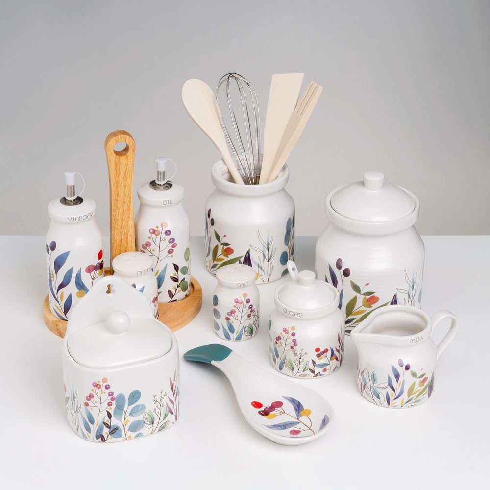 Tarro multiusos de hojas de cerámica stoneware blanco y azul de 1100 ml
